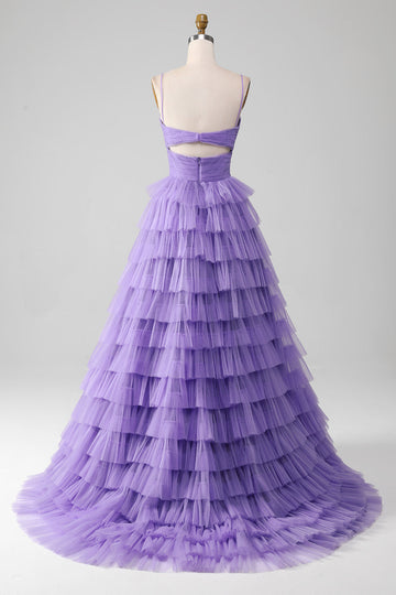 Tulle viola A-Line Abito da ballo lungo a più livelli con fessura